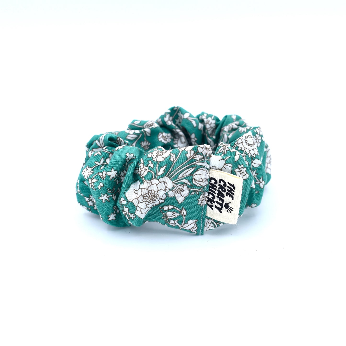 Green & White Floral Scrunchie with The Crafty Chicky tag